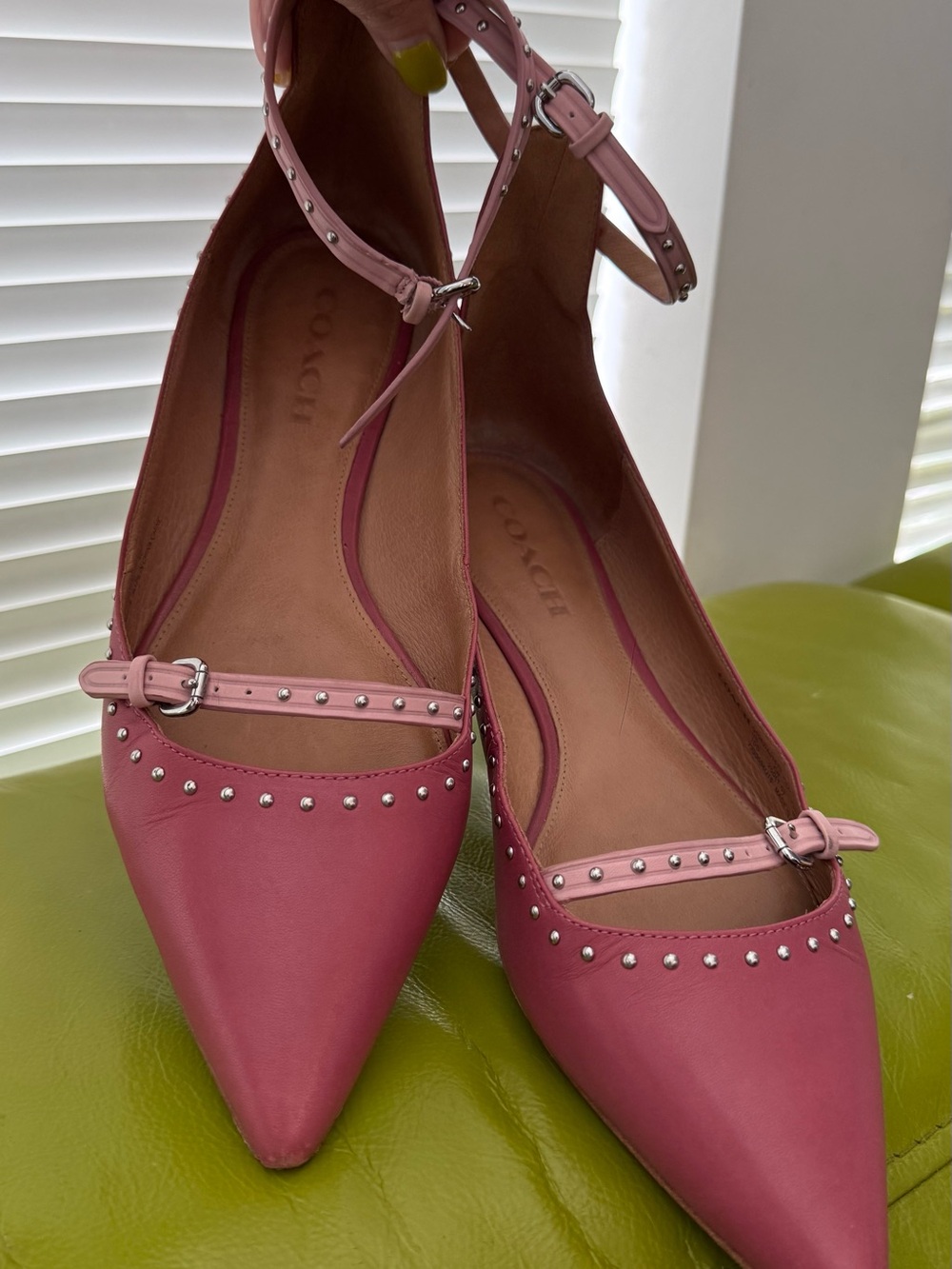Coach Pink Studded Pointed-Toe Ankle-Strap Flats